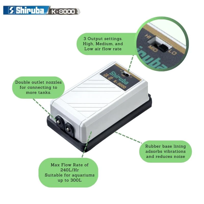 Shiruba K8000 Dual Outlet Quiet Aquarium Air Pump for Enhanced Oxygenation - Image 2
